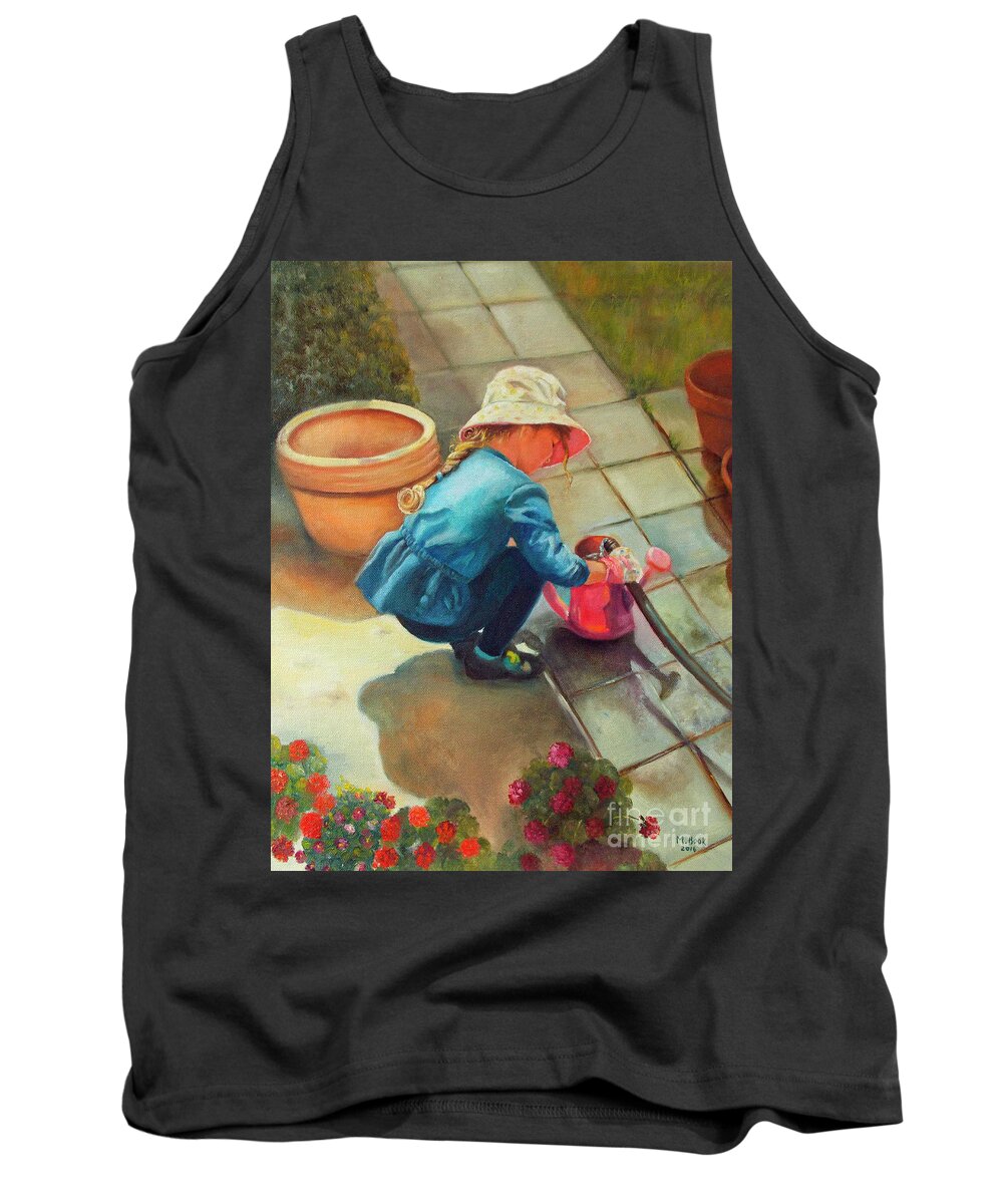 Portrait Tank Top featuring the painting Gardening by Marlene Book