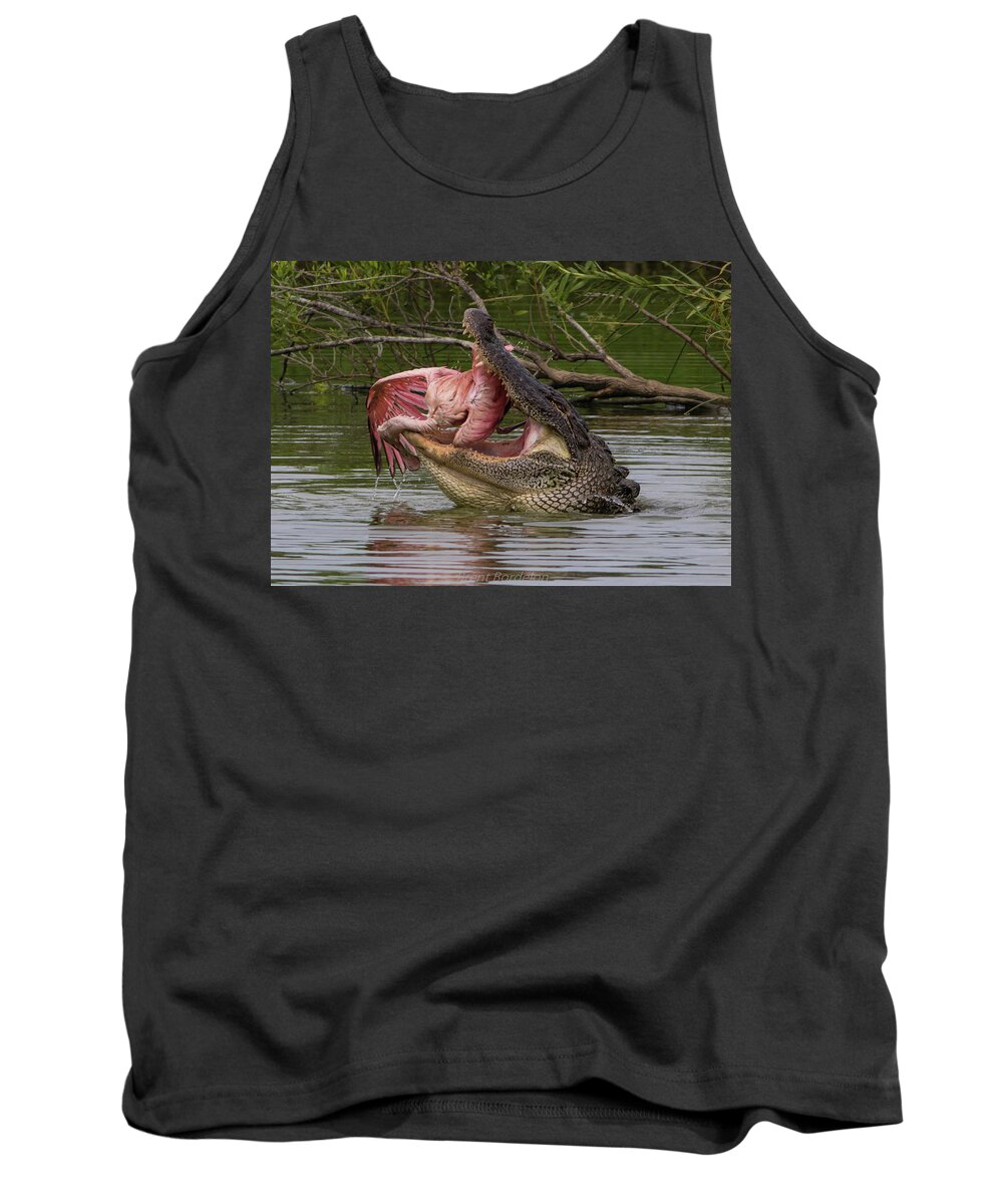 Alligator Tank Top featuring the photograph Gator with Spoonbill by Brent Bordelon