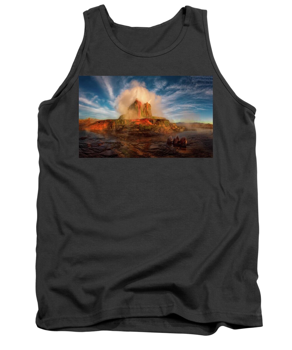 Geyser Tank Top featuring the photograph Geyser Steams at Dawn by Dave Koch