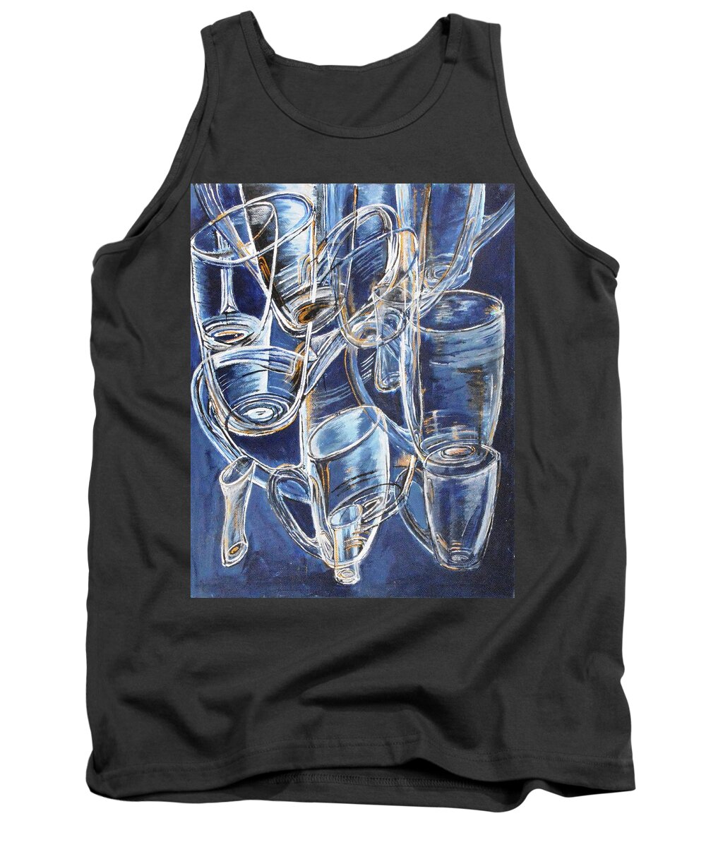 Picture Tank Top featuring the painting Glasses in Blue by Medea Ioseliani