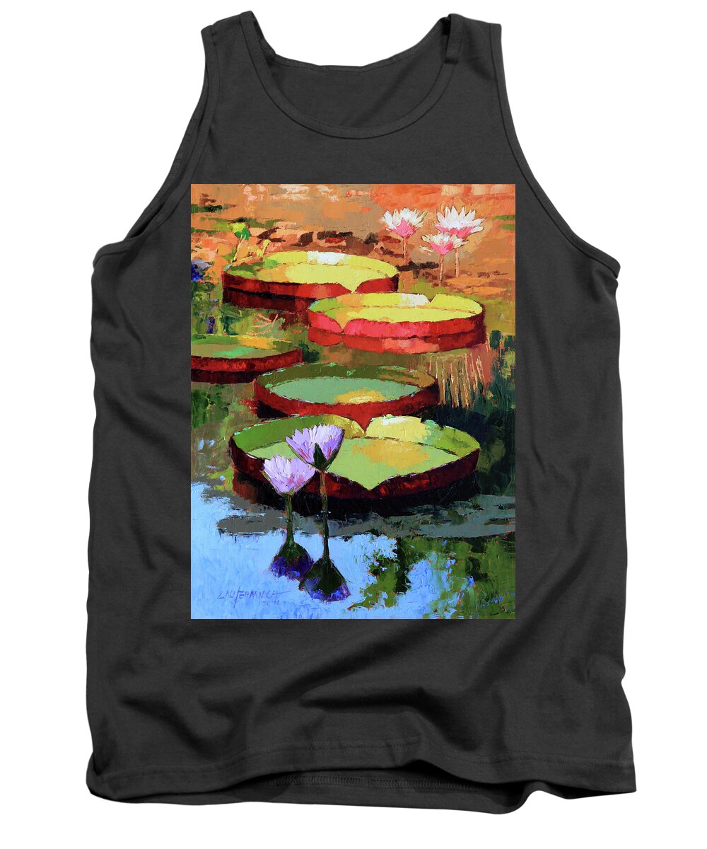 Water Lilies Tank Top featuring the painting Golden Sunlight Reflections by John Lautermilch