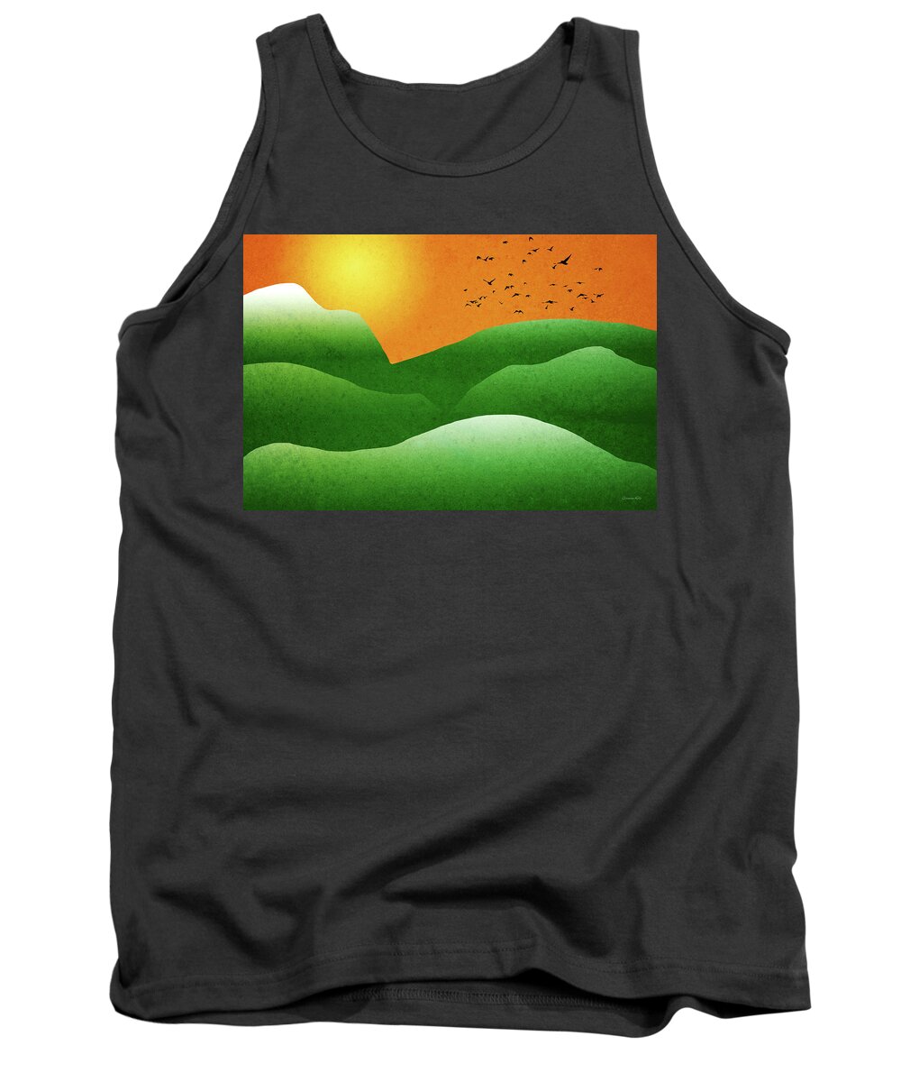 Mountain Tank Top featuring the mixed media Green Mountain Sunrise Landscape Art by Christina Rollo