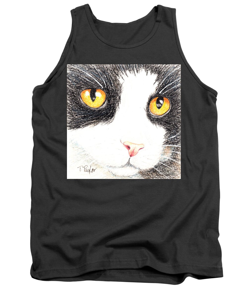 Cat Tank Top featuring the drawing Happy Cat with the Golden Eyes by Terry Taylor