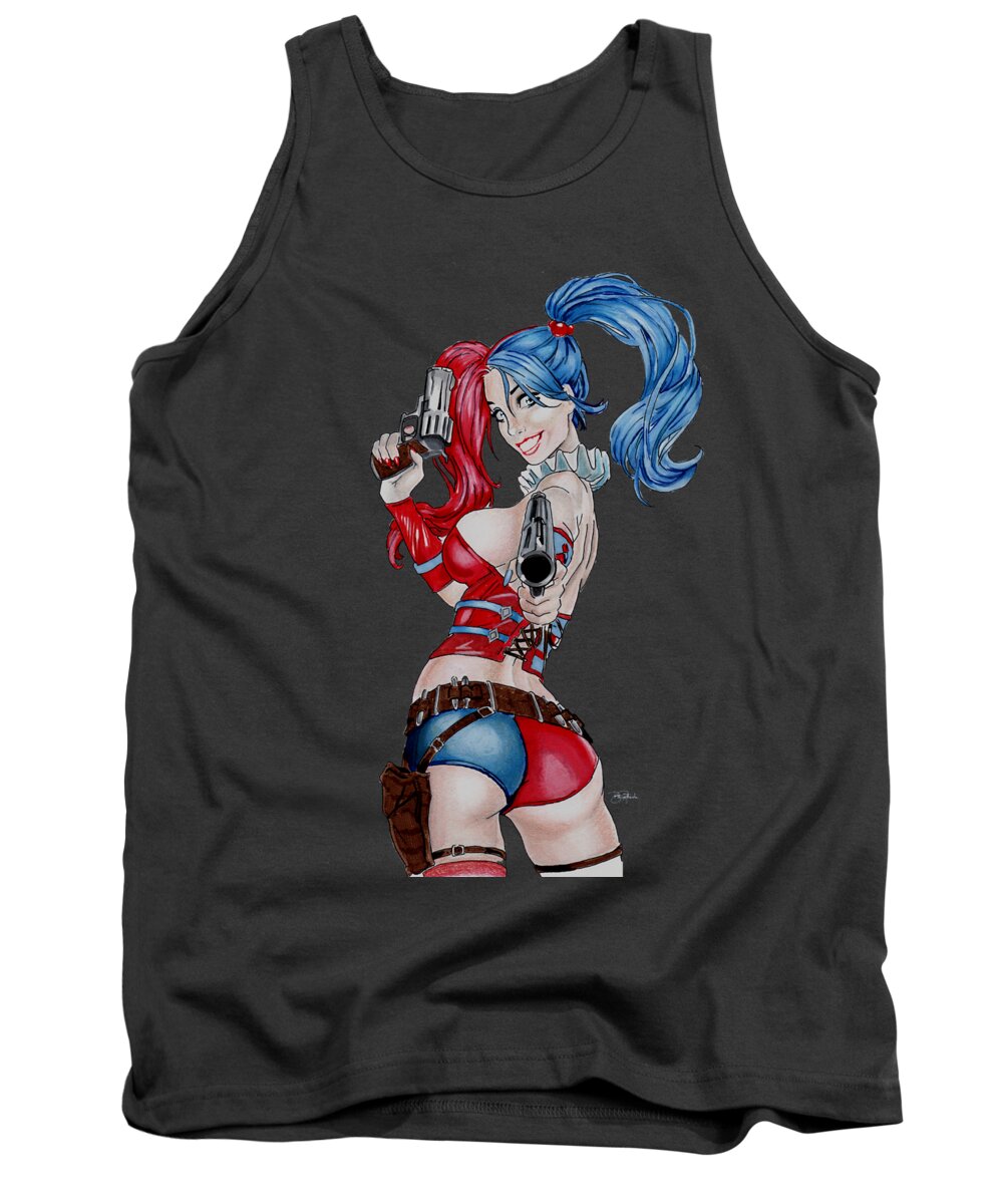 Harley Tank Top featuring the drawing Harley Quinn with pistols by Bill Richards