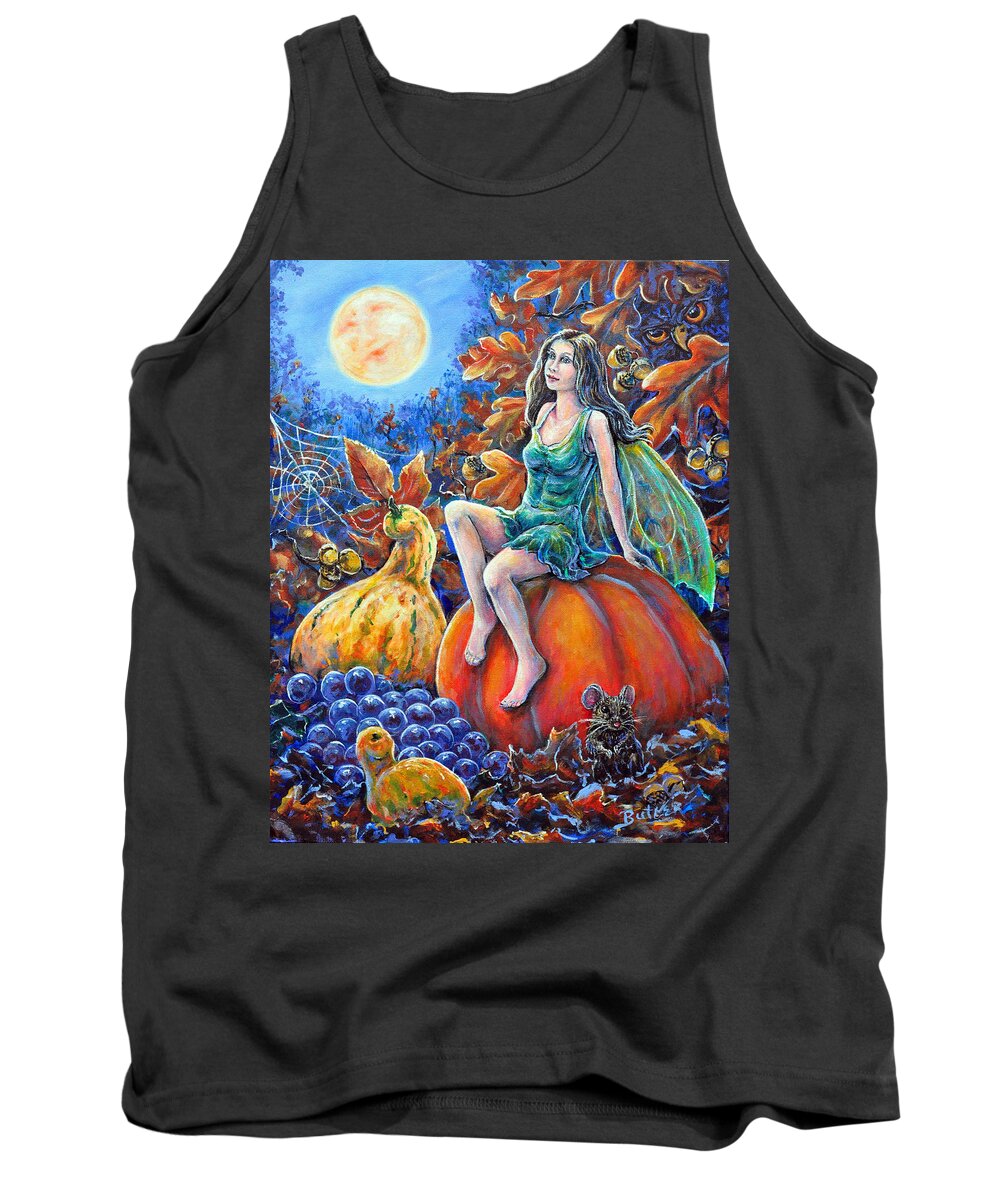 Fairy Moon Fall Pumpkin Gourd Mouse Harvest Owl Orange Grapes Tank Top featuring the painting Harvest Moon by Gail Butler