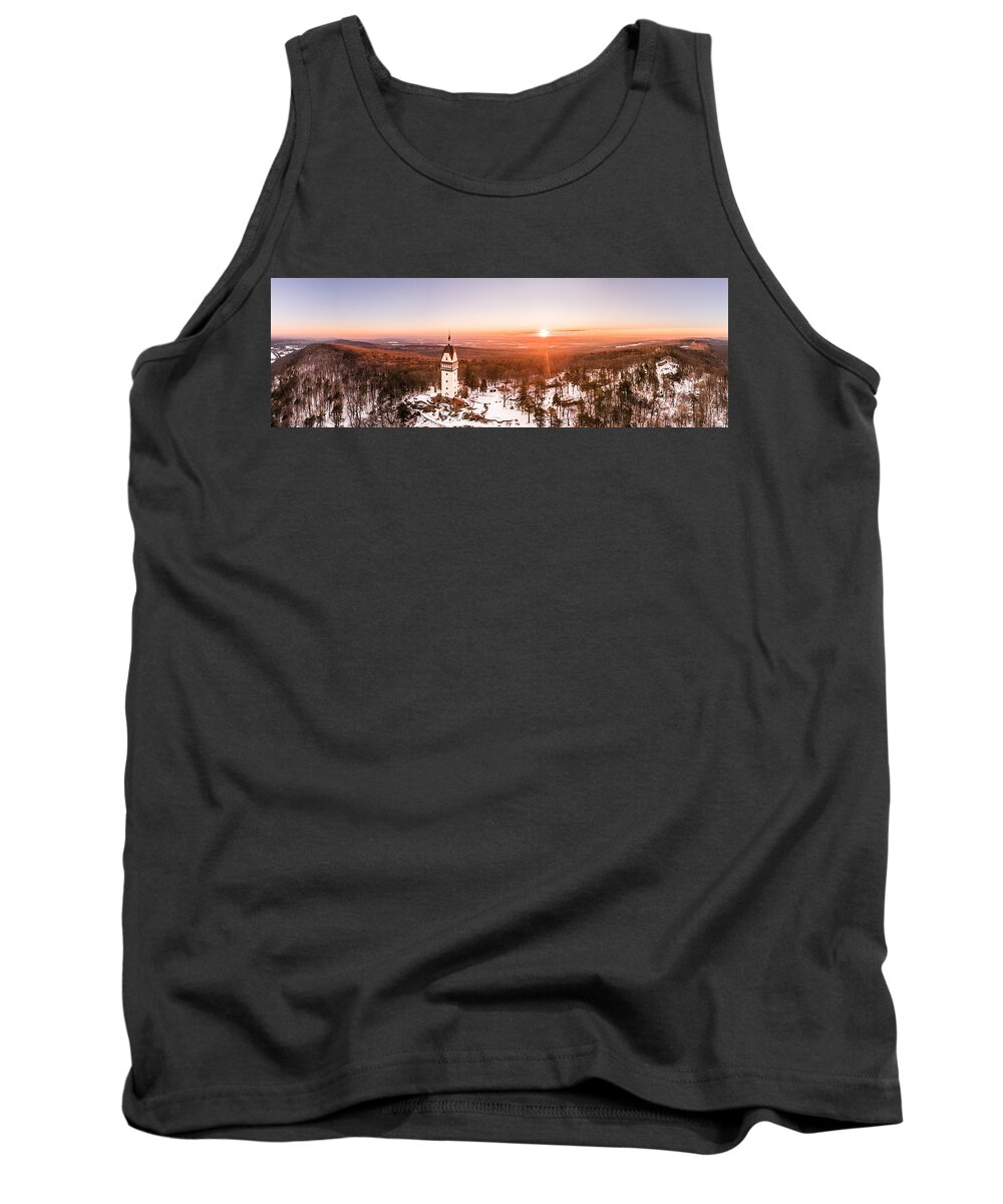 Heublein Tank Top featuring the photograph Heublein Tower in Simsbury Connecticut, Winter Sunrise Panorama by Mike Gearin