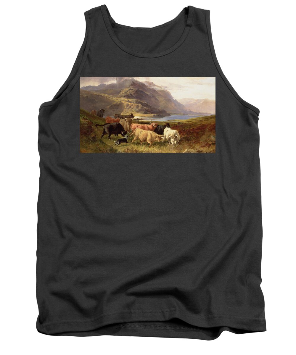 Highland Cattle With A Collie Tank Top featuring the painting Highland Cattle with a Collie by Joseph Adam