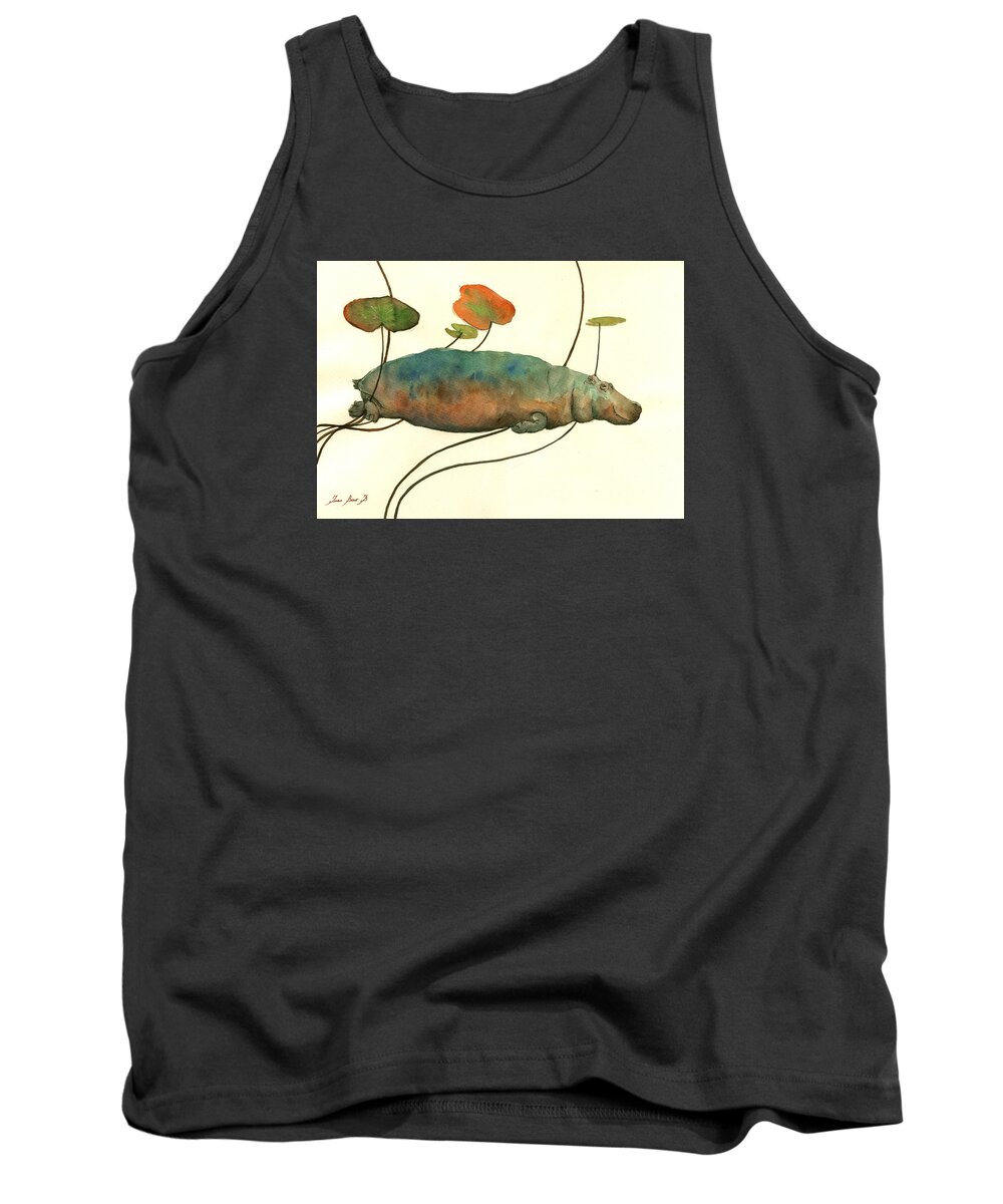 Hippo Tank Top featuring the painting HIppo swimming with water lilies by Juan Bosco