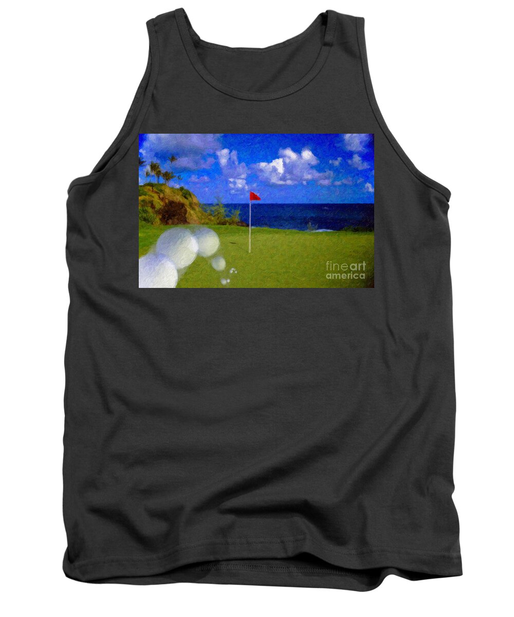 Hole In One 18th Green Ball Flag Green Ocean Palm Trees Tank Top featuring the photograph Fantastic 18th Green by David Zanzinger