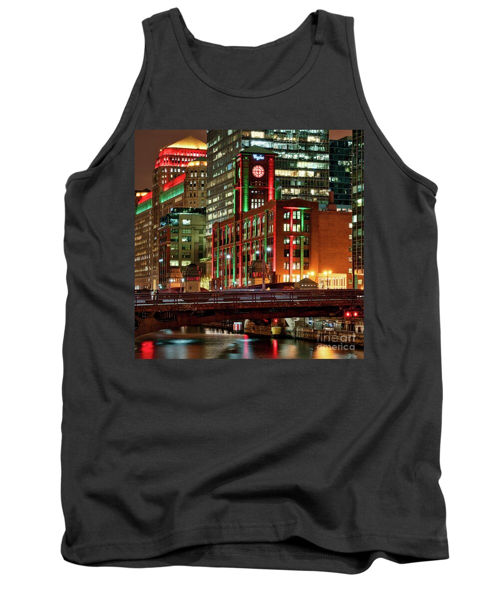 Chicago Tank Top featuring the photograph Holiday colors along Chicago River by Izet Kapetanovic