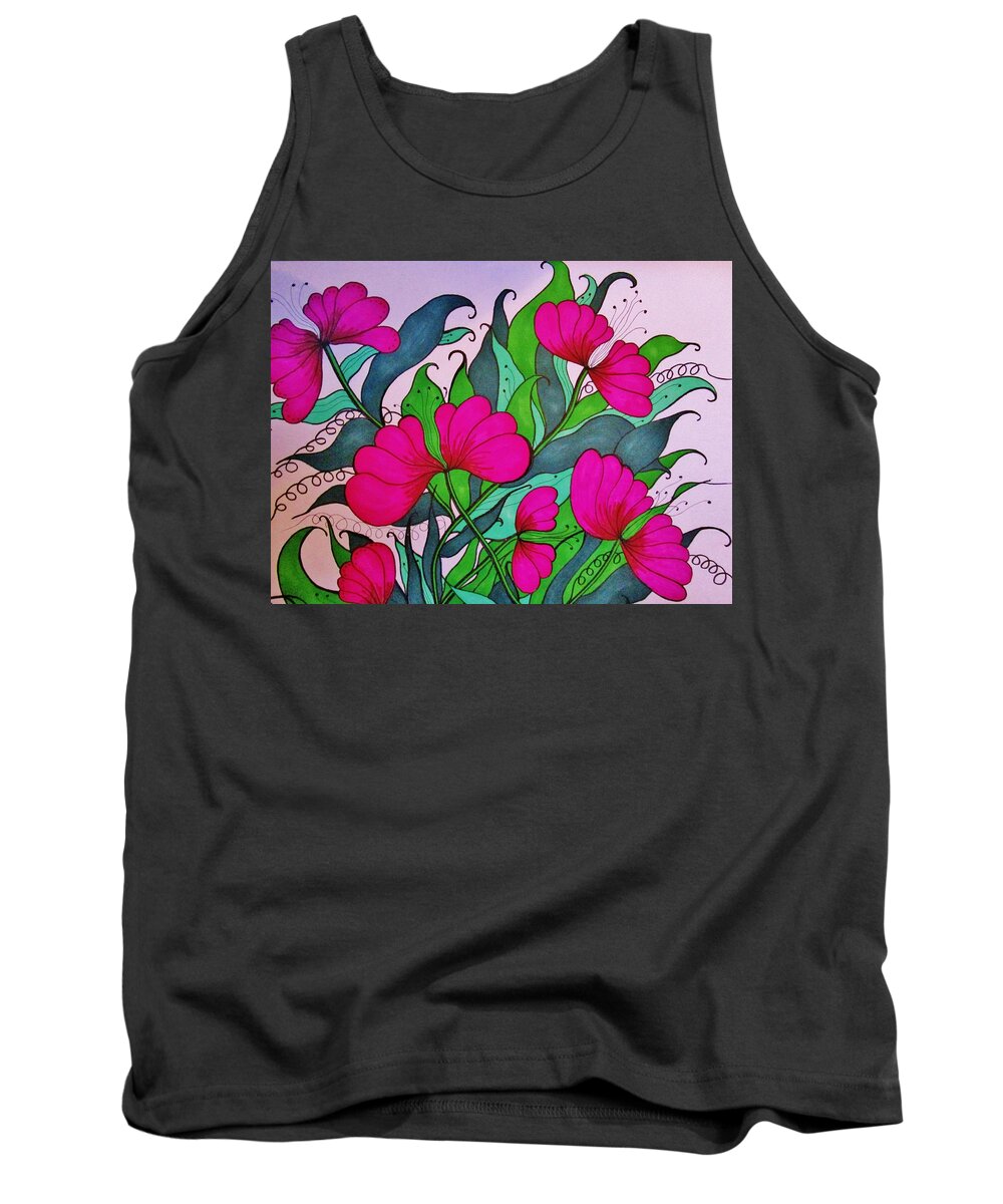 Floral Tank Top featuring the drawing Hot Pink by Rosita Larsson