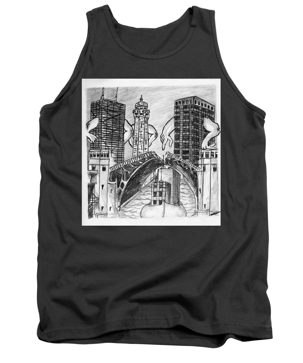 Humor Tank Top featuring the drawing Humor Chicago Landmarks by Michelle Gilmore