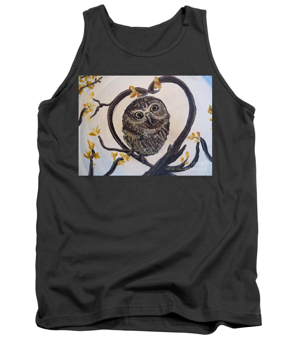 Simplistic And Minimalist Heartshaped Tendrils With Small Yellow Flowers Surround Baby Great Similar To A Horned Owl And An Eagle Owl Symbolic In Representing Beauty And Love From The Heart Children's Artwork Nature Scene Acrylic Paintings Tank Top featuring the painting I Heart You by Kimberlee Baxter