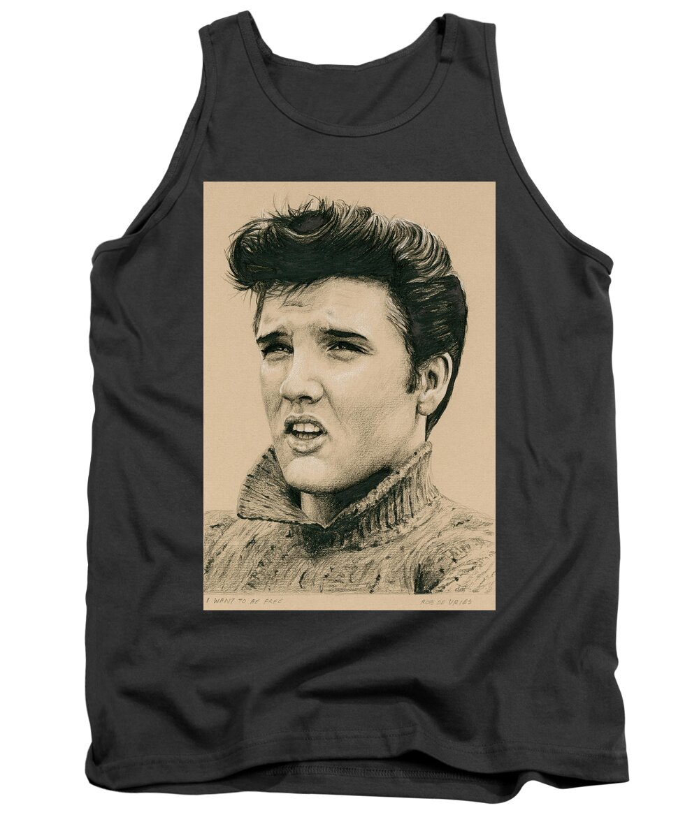 Elvis Tank Top featuring the drawing I want to be free by Rob De Vries