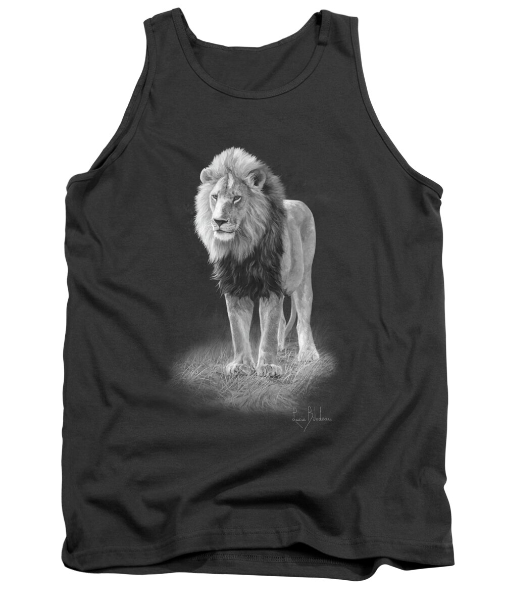 Lion Tank Top featuring the painting In His Prime - Black and White by Lucie Bilodeau