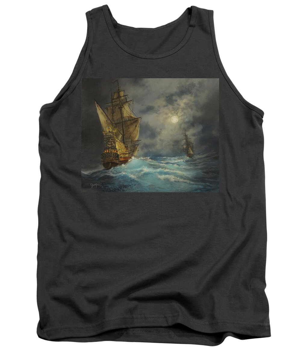 Pirate Ship Tank Top featuring the painting In Pursuit by Tom Shropshire