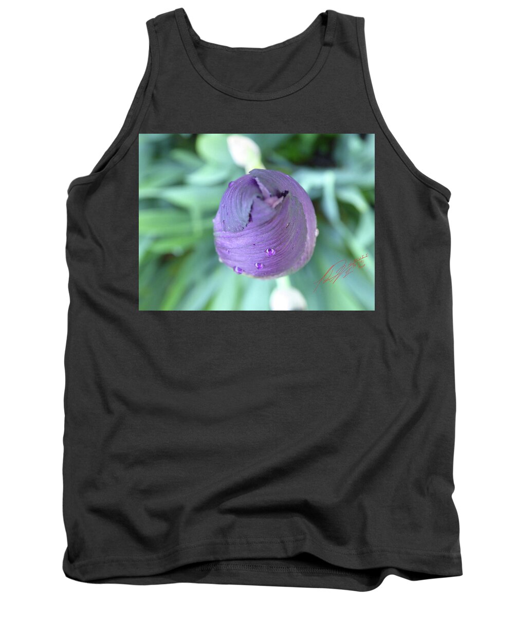 Garden Raw Purple Violet Flower Wet Water Raindrop Green Bloom Close Macro Orange Bearded Iris Rhizome Bulb Tube Unedited As-is Spring North East New Jersey Tank Top featuring the photograph Iris After the Rain VI by Leon DeVose