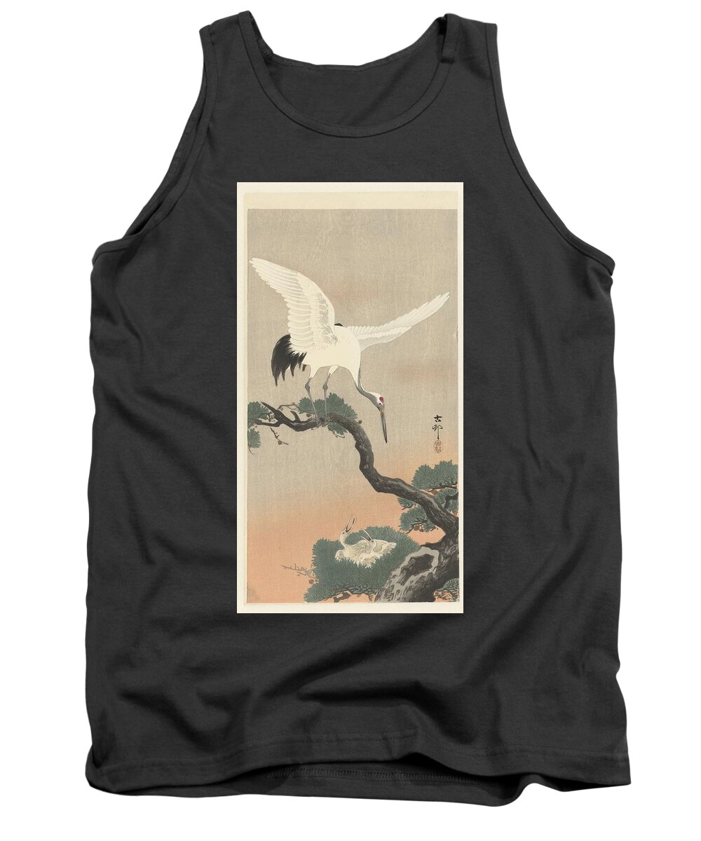 Japanese Crane On Branch Of Pine Tank Top featuring the painting Japanese crane on branch by Eastern Accent 