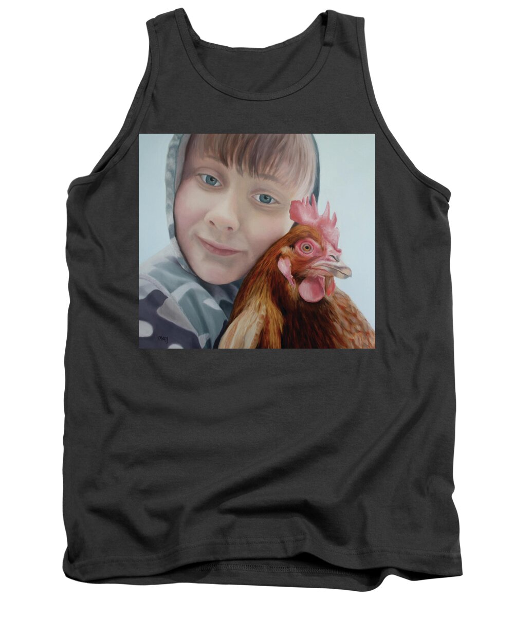 Boy; Chicken; Friendship; Caring; Camouflage; Contemplation Tank Top featuring the painting Johnathan by Marg Wolf