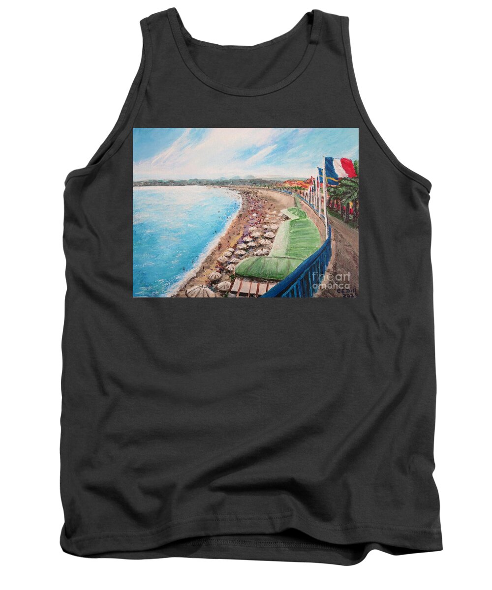France Tank Top featuring the painting La Plage et Promenade des Anglais, Nice, France by C E Dill