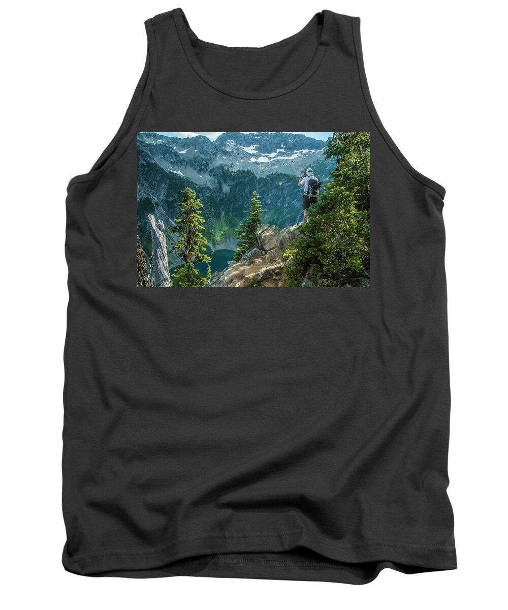 Photographer Capturing An Image High Above Rainy Lake Along The Maple Pass Trail In North Cascades National Park. Tank Top featuring the photograph Lakeside View by Doug Scrima