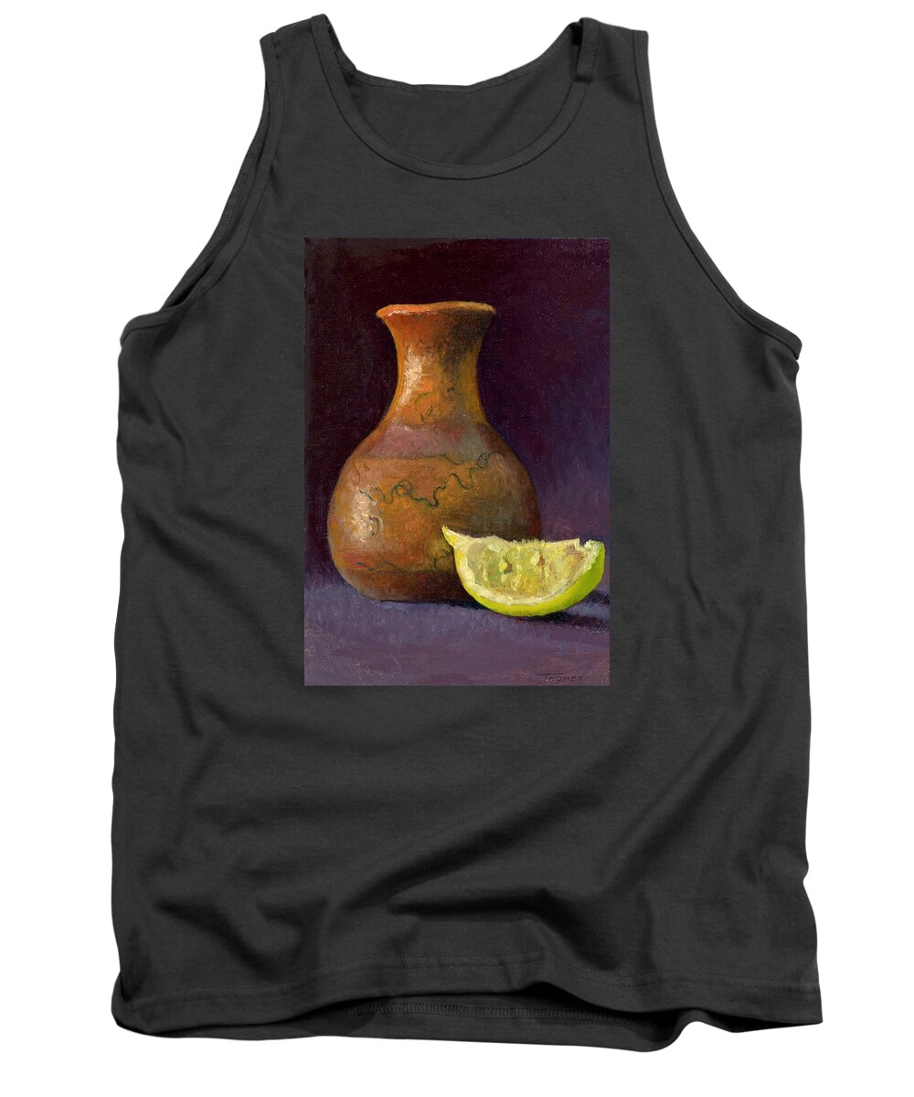 Still Life Tank Top featuring the painting Lemon and Horsehair Vase A First Meeting by Catherine Twomey