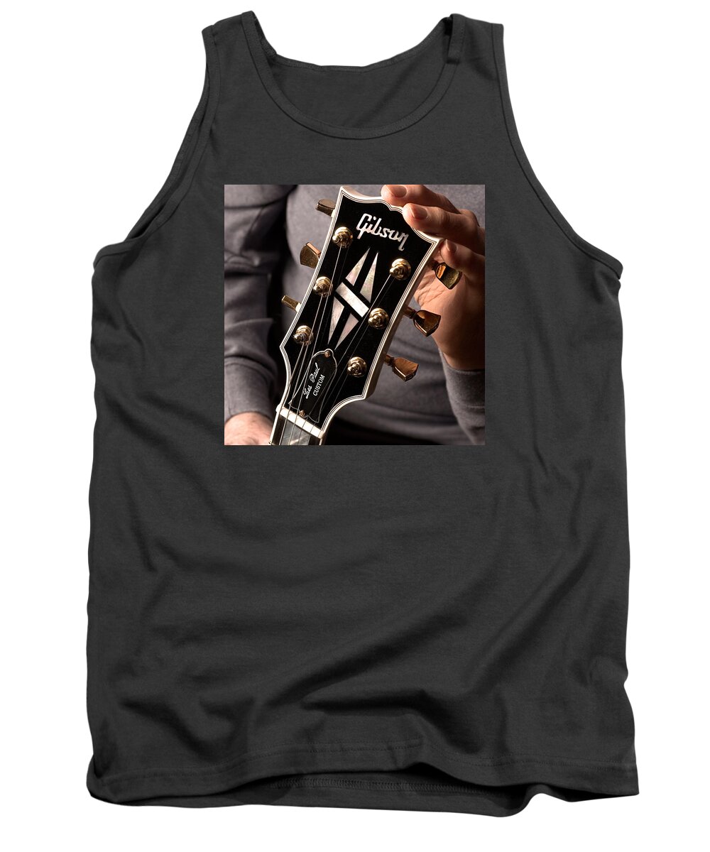 Les Paul Tank Top featuring the photograph Les Paul - Hands and Gibson Headstock by Gene Martin by David Smith