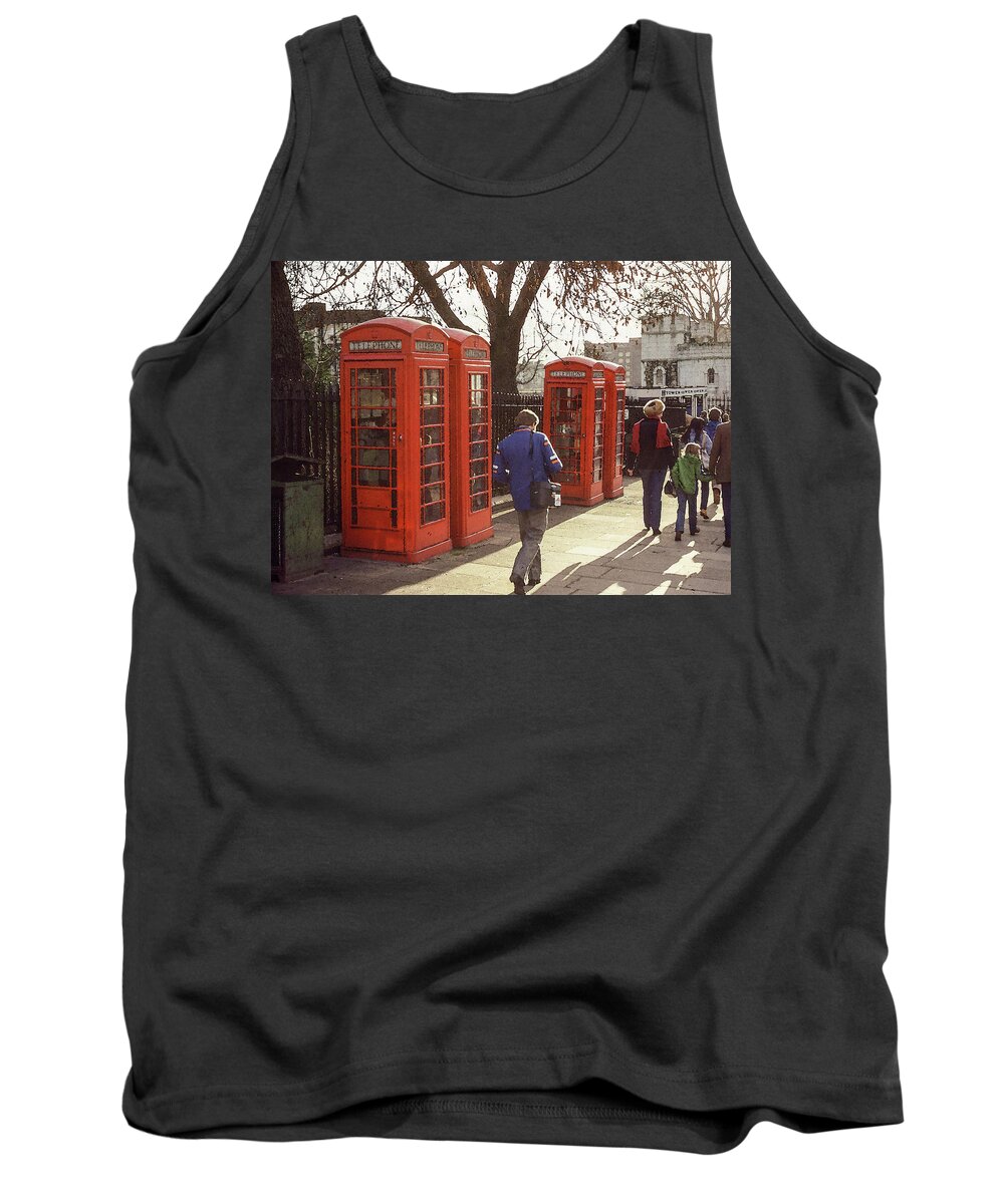 Phone Booths Tank Top featuring the photograph London Call Boxes by Jim Mathis