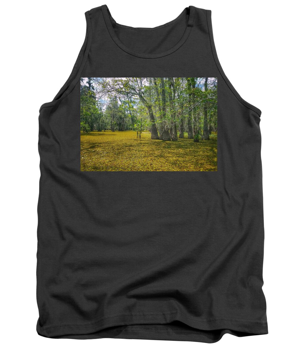 Blue Tank Top featuring the photograph Louisiana Swamp in Gold by Mary Capriole
