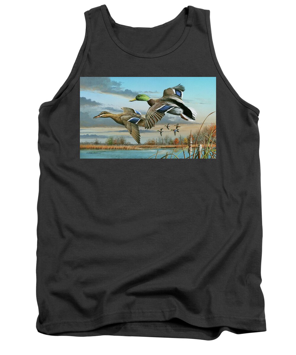 Ducks Tank Top featuring the painting Mallards in Flight by Mike Brown