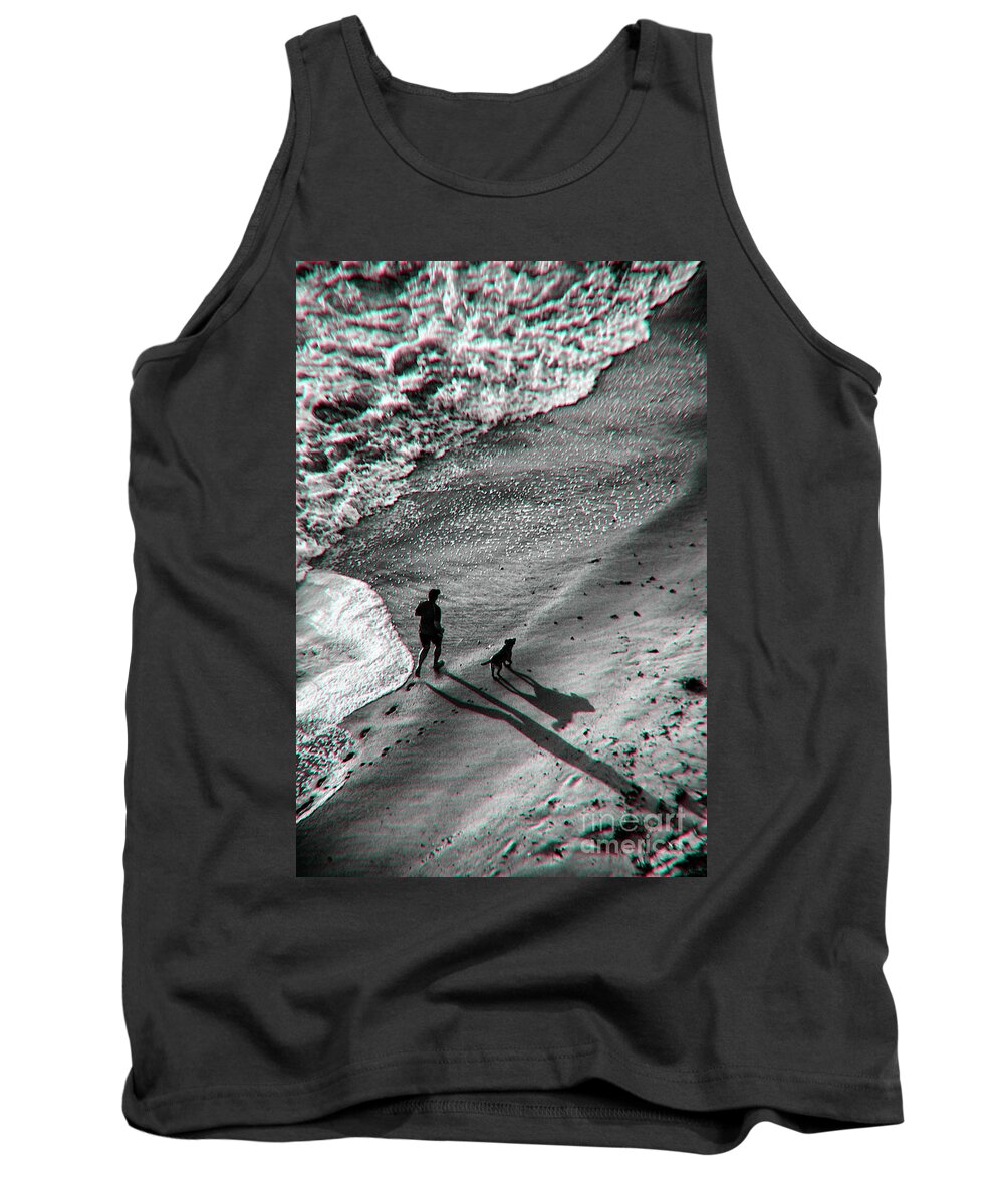Man Tank Top featuring the photograph Man And Dog On The Beach by Jeff Breiman