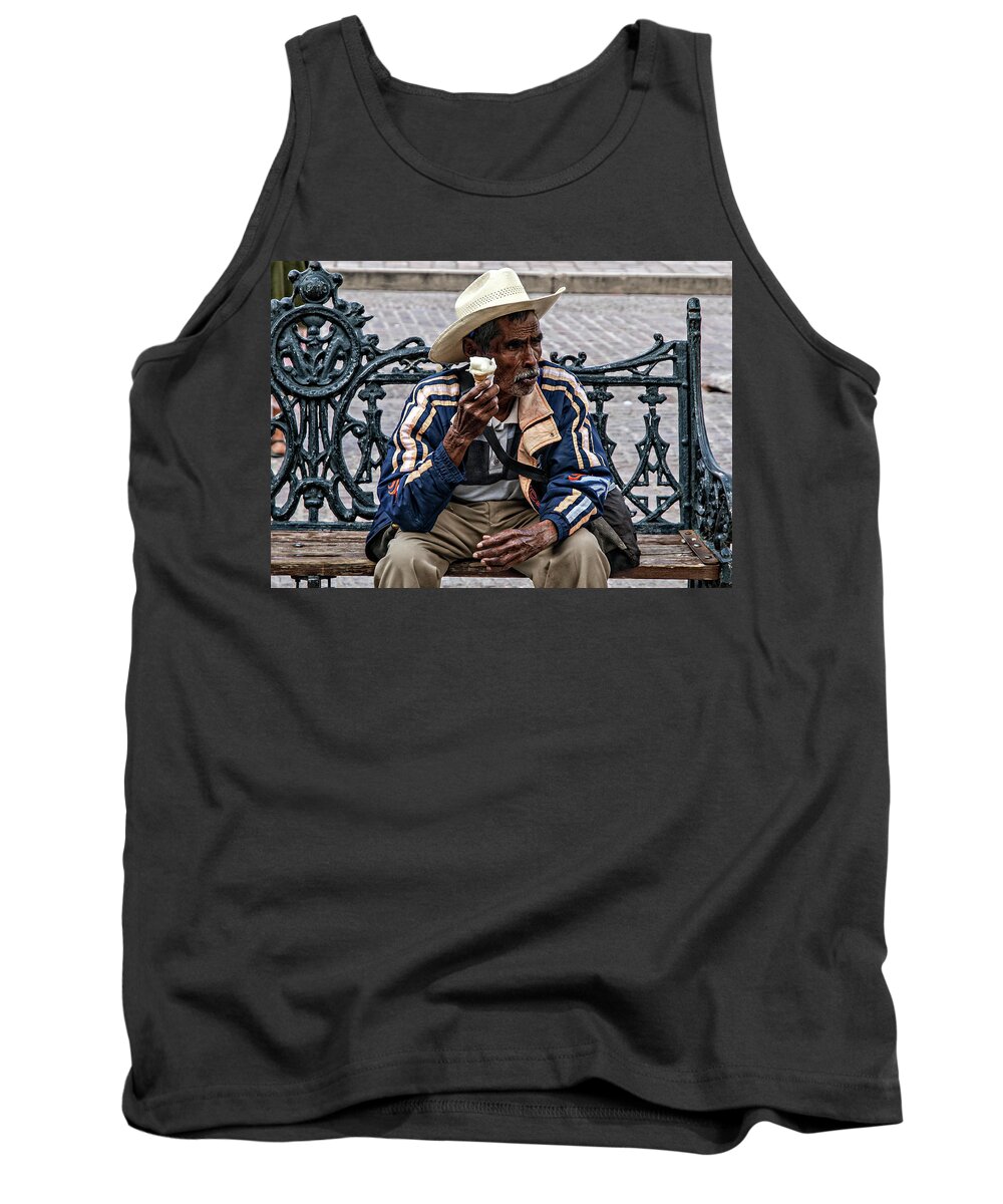 Rebecca Dru Photography Tank Top featuring the photograph Man on bench eating Nieve by Rebecca Dru