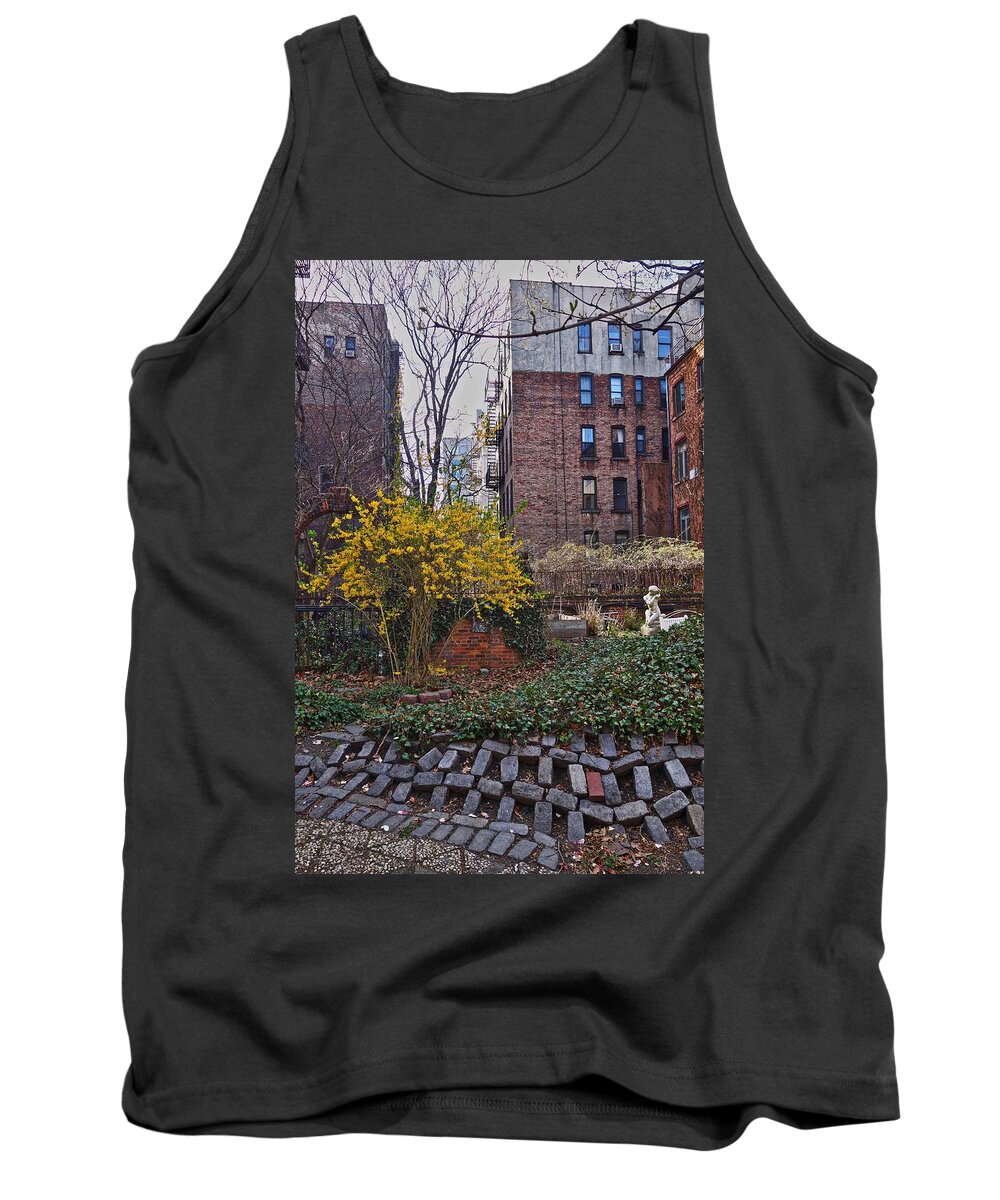 New York City Buildings Tank Top featuring the photograph Manhattan Community Garden by Joan Reese