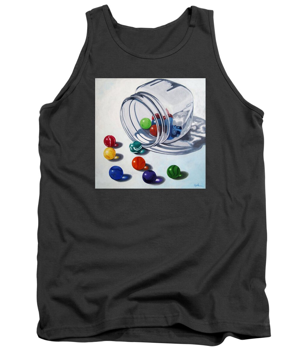 Marbles Tank Top featuring the painting Marbles and Glass Jar still life painting by Linda Apple