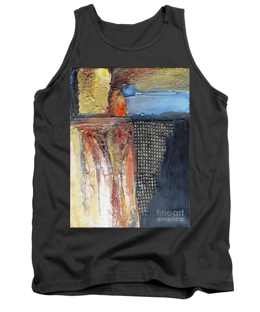 Mixed Media Tank Top featuring the mixed media Metallic Fall with Blue by Phyllis Howard
