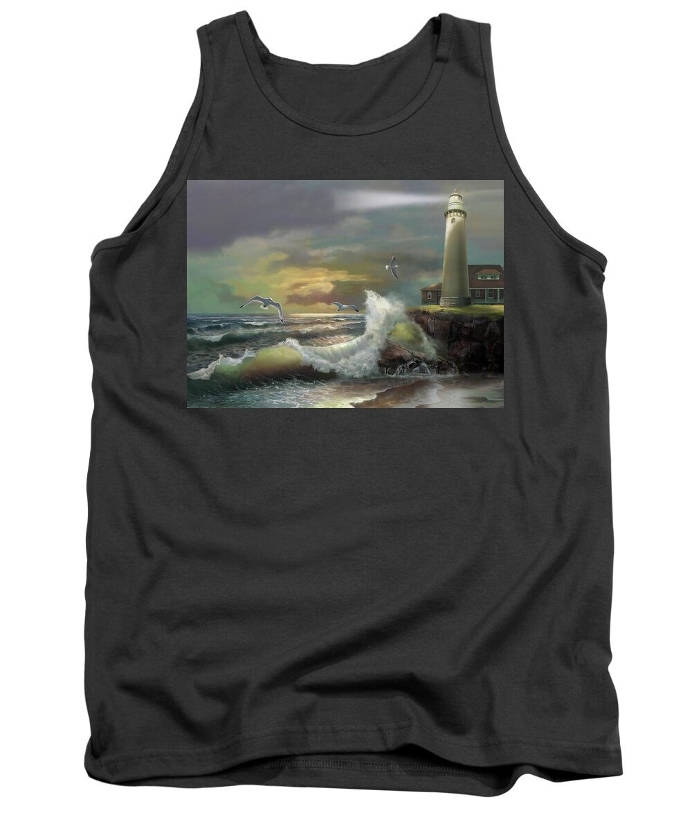  Michigan Seul Choix Point Lighthouse Art Print Tank Top featuring the painting Michigan Seul Choix Point Lighthouse with an Angry Sea by Regina Femrite