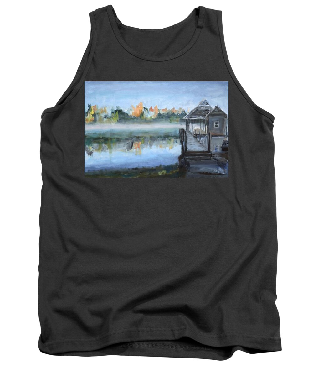 Lake Tank Top featuring the painting Misty Morning Dock at Smith Mountain Lake by Donna Tuten