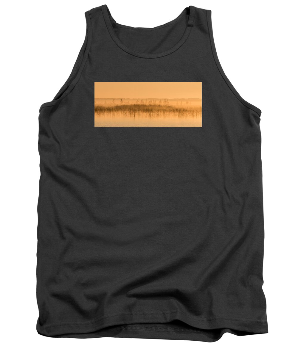Orange Tank Top featuring the photograph Misty Morning Floating Bog Island on Boy Lake by Patti Deters
