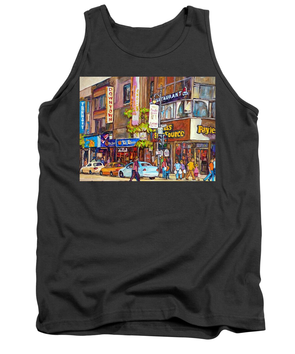 Montreal Tank Top featuring the painting Montreal St.catherine Street Corner Peel by Carole Spandau