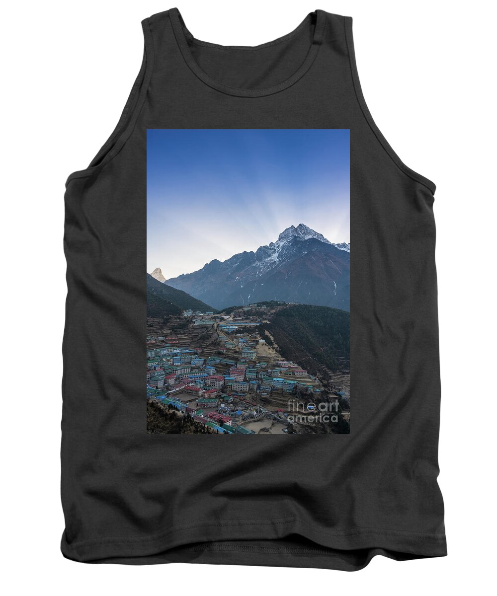 Everest Tank Top featuring the photograph Morning Sunrays Namche by Mike Reid