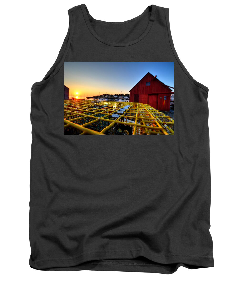 Rockport Tank Top featuring the photograph Motif 1 lobster trap sunrise by Toby McGuire