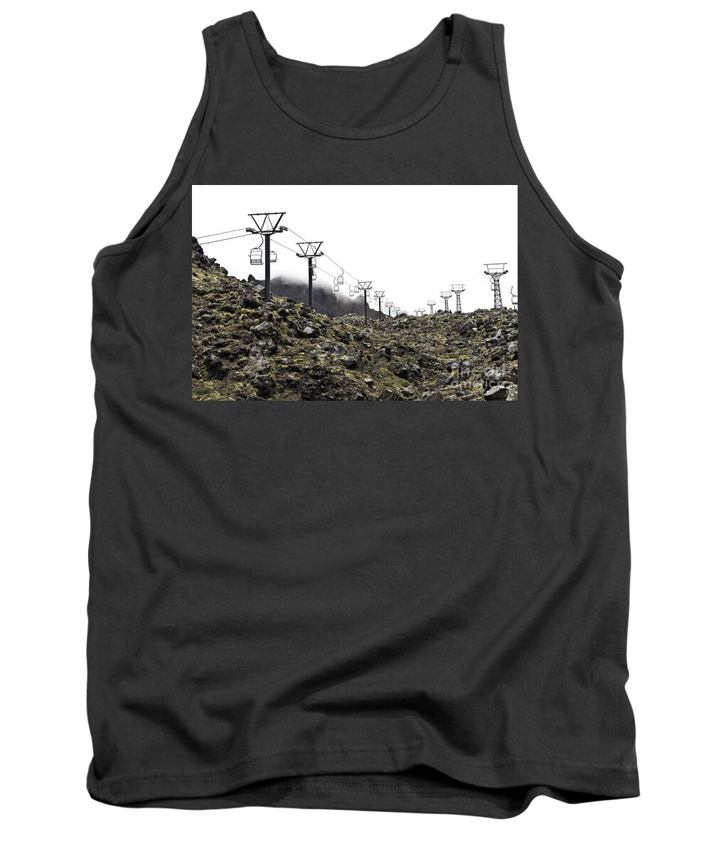 Cable Tank Top featuring the photograph Mountain Cable road waiting for snow. Mount Ruapehu. New Zealand by Yurix Sardinelly