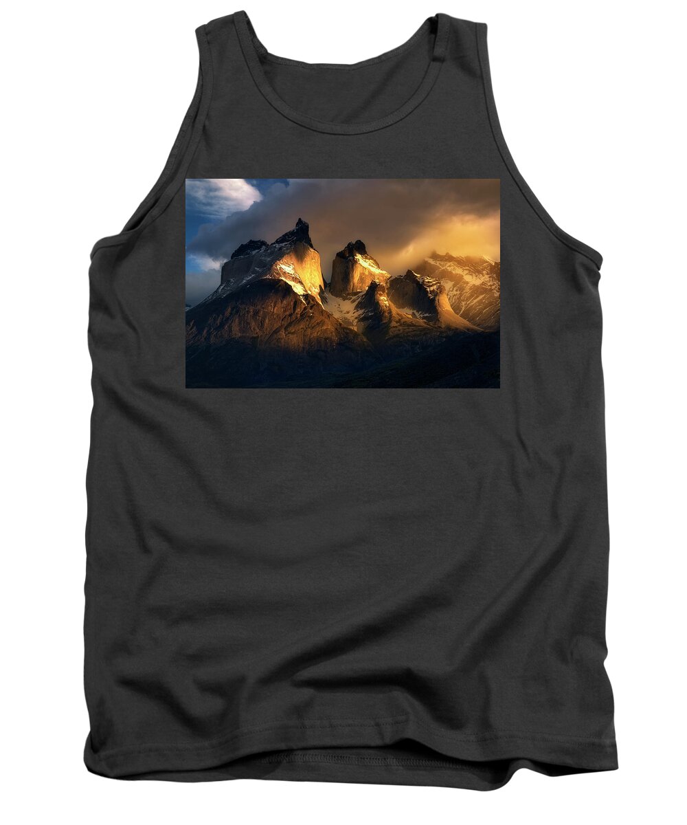 Paine Massif Tank Top featuring the photograph Mountain Golden Glow by Nicki Frates