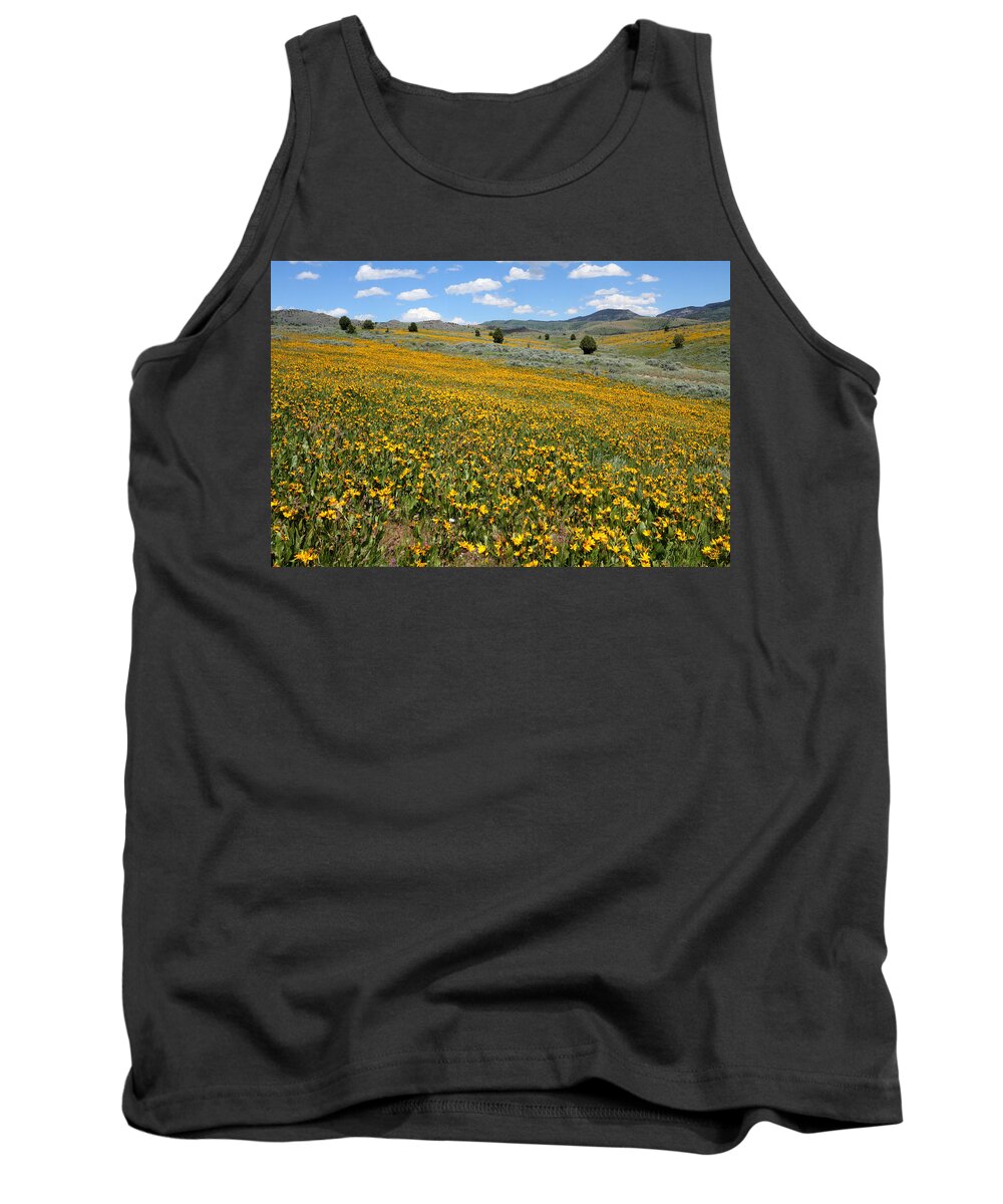 No People Tank Top featuring the photograph Mountain Meadows of Yellow Wildflowers by Brett Pelletier