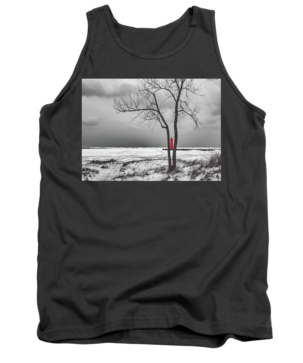 Clouds Tank Top featuring the photograph Muskegon Lighthouse in Winter by Joe Holley