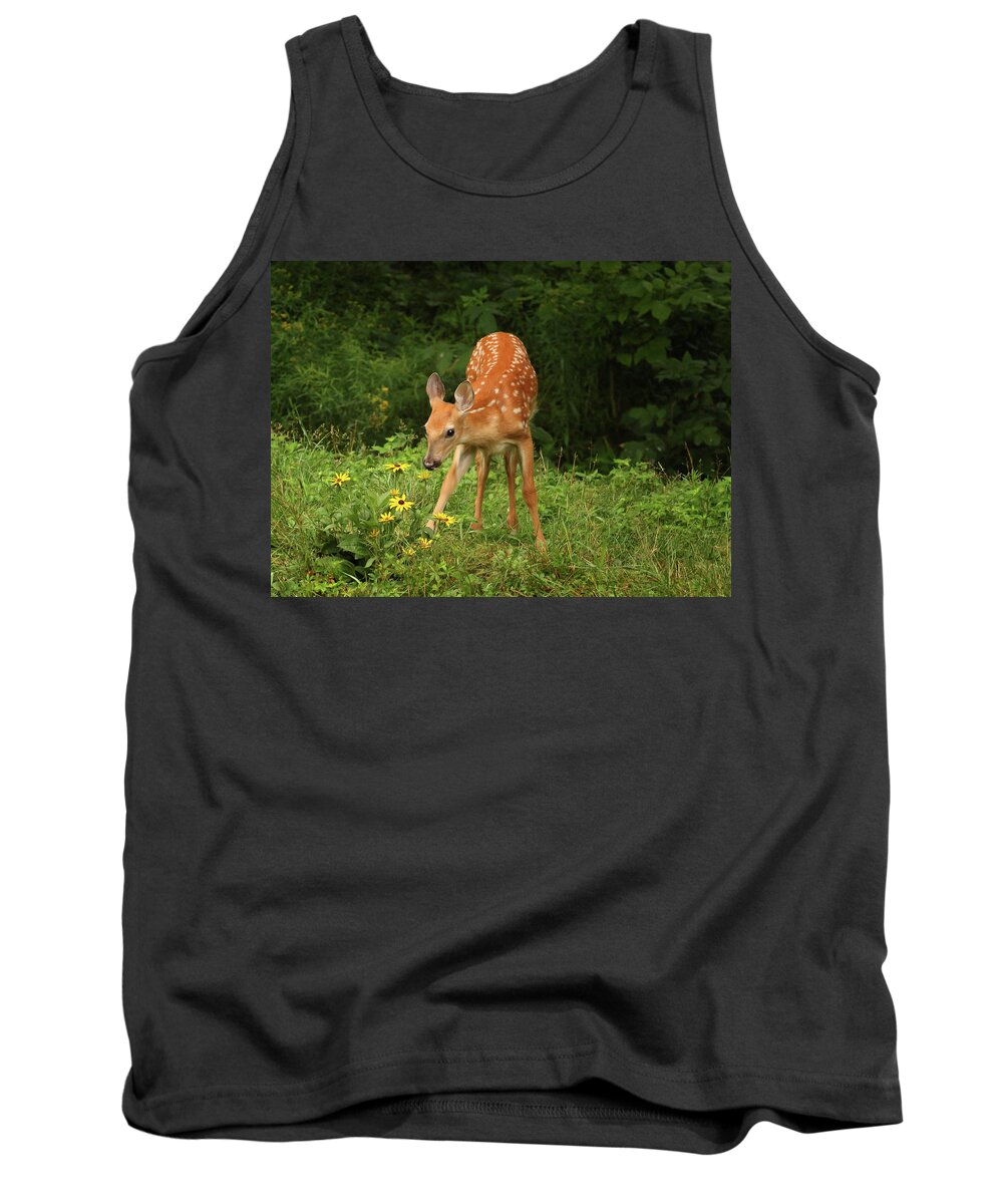 Deer Tank Top featuring the photograph Nibbling on the Wildflowers by Duane Cross
