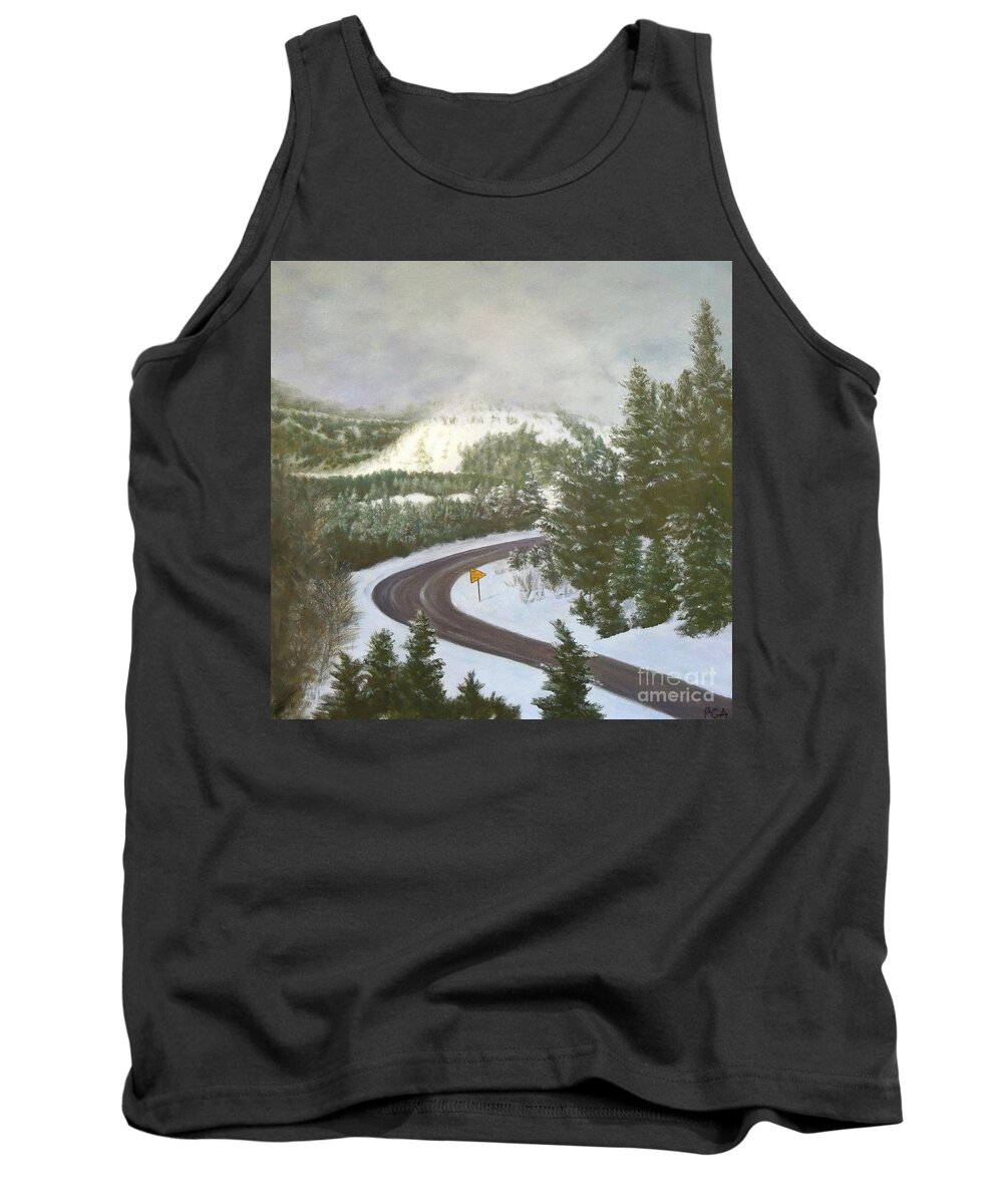 Snow Scene Tank Top featuring the painting No Passing Zone by Phyllis Andrews