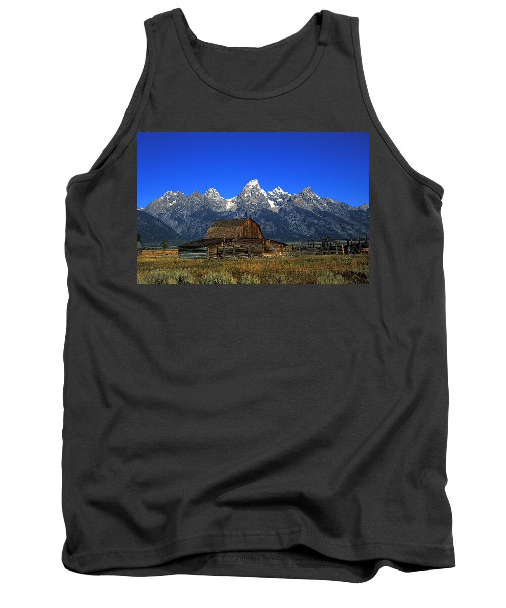 Late Snow Tank Top featuring the photograph North Moulton barn Grand Tetons by Gary Langley