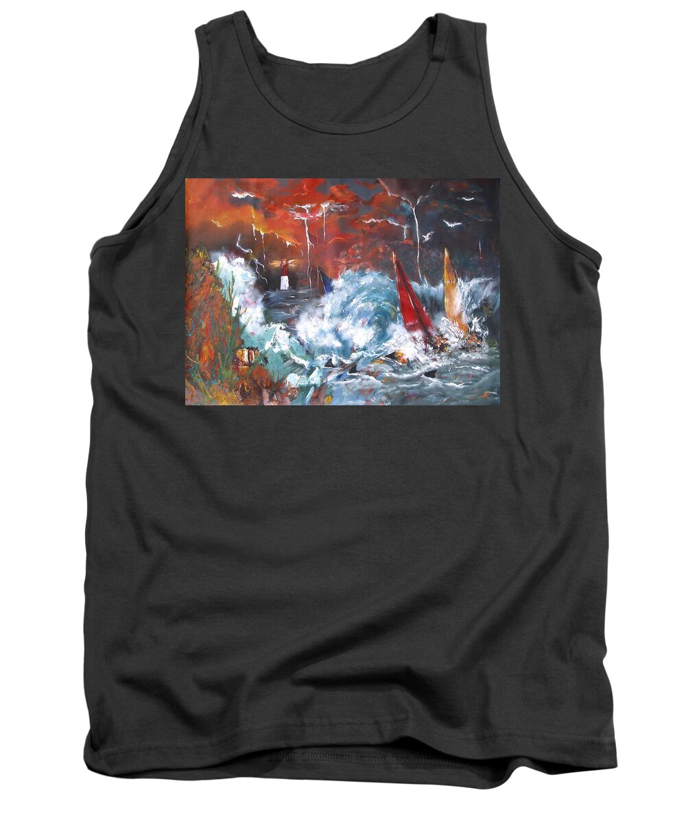 Ocean Fury Wave Disaster Storm Clouds Night Evening Rain Lighthouse Wind Surfing Sharks Fish Seaweed Seagull Water Tank Top featuring the painting Ocean Fury by Miroslaw Chelchowski