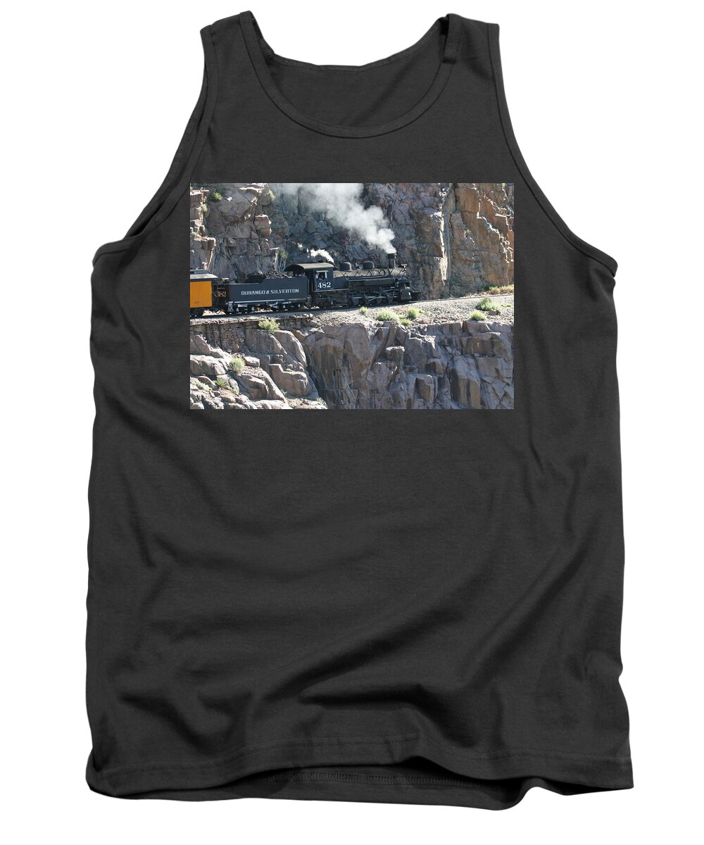 Framed Prints And Note Cards Of Steam Powered Trains. Framed Photographs And Note Cards Of Steam Powered Locomotives. Framed Images Of Steam Powered Train Engines. Vintage Train Photographs Of Durango-silverton Steam Train. Tank Top featuring the photograph Old 482 chugging to Silverton by Jack Pumphrey